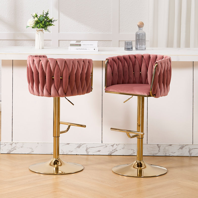 Swivel Adjustable Height Bar Stool Modern Velvet Barstool with Barrel Back Kitchen Island Counter Bar Chair with Golden Base