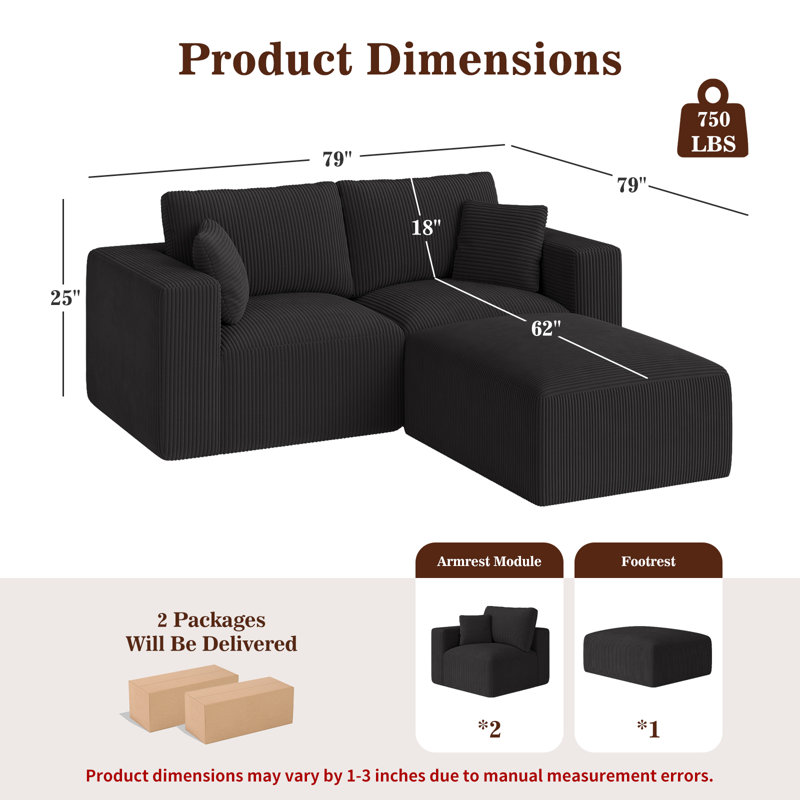 Canapé modulaire en L 79 po, Velours côtelé noir