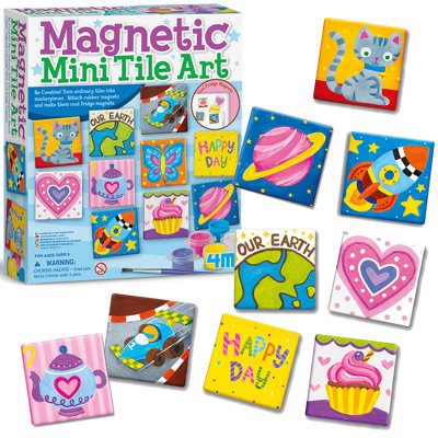 4M: Magnetic Mini Tile Art - DIY 12 Fridge Magnets Kit, Paint Masterpieces On 2x2" Tiles, All-In-1 Arts & Craft Set, Paint Strip & Brush, Kids Ages 8+