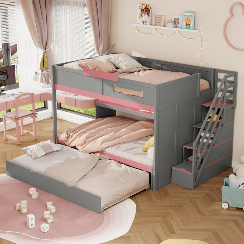 Lit superposé double au-dessus de double avec lit gigogne simple, tablettes de rangement avec escalier, lumières DEL, bois massif, gris