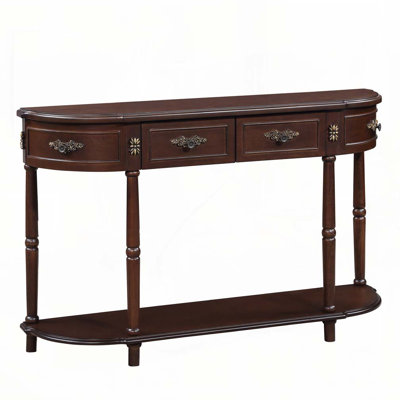 Retro Curved Wood Console Table with Open Shelf and 2 Drawers, Solid Wood Entry Table for Living Room