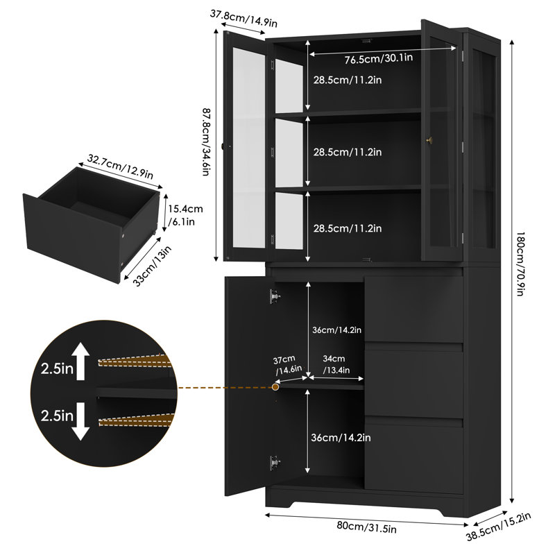 70.9"H Display cabinet with 3 drawers, Black