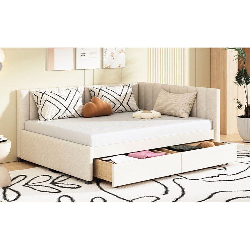 Full Daybed With Storage Drawers, Beige Linen Fabric, Strong Wood Frame, No Box Spring For Space Linen, Relaxation, Beige
