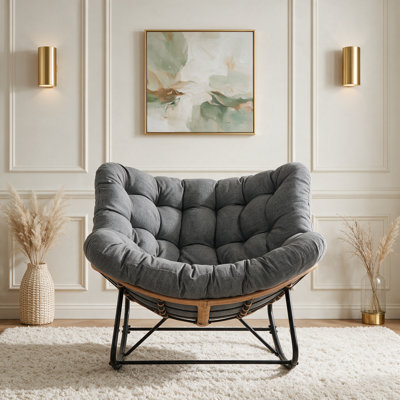 Indoor & Outdoor Papasan Rocking Chair, Oversized Padded Lounge Rocker With Cushion, Comfy Wicker Egg Lounge Chair, Large Indoor Rocking Recliner For Living Room/Porch/Garden(ottoman not included) (Dark Gray)