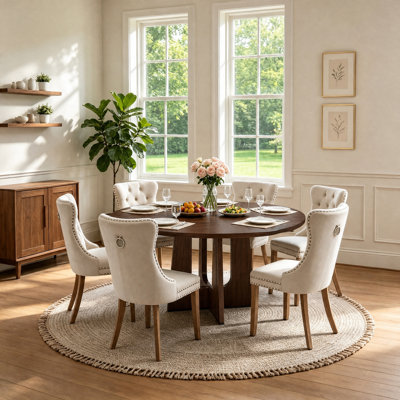 Ensemble de salle à manger ronde 7 pièces pour 6 personnes, table de cuisine ronde en bois de 119 cm et 6 chaises rembourrées pour petit appartement