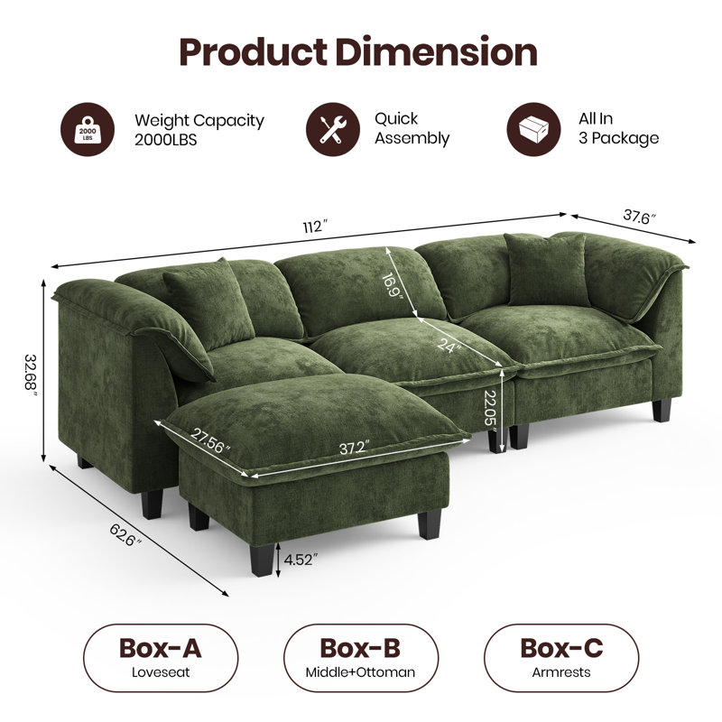  Modular Sectional Sofa With Movable Ottoman, L-shaped Couch With Removable Washable Cushion Covers, 9.8" Extra-thick Cushions, Tool-free Easy Assembly, Padded Armrests For Living Room, Green