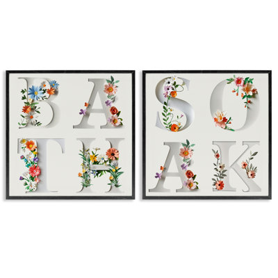 «Relaxing Floral Bathroom Typographie», ensemble de 2 giclées encadrées, design par Susan Arnot