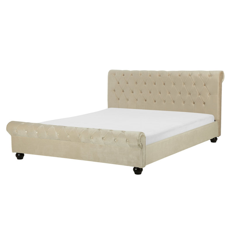 Mitzi Upholstered Velvet Sleigh Bed, European Kingsize (160 x 200cm), Beige