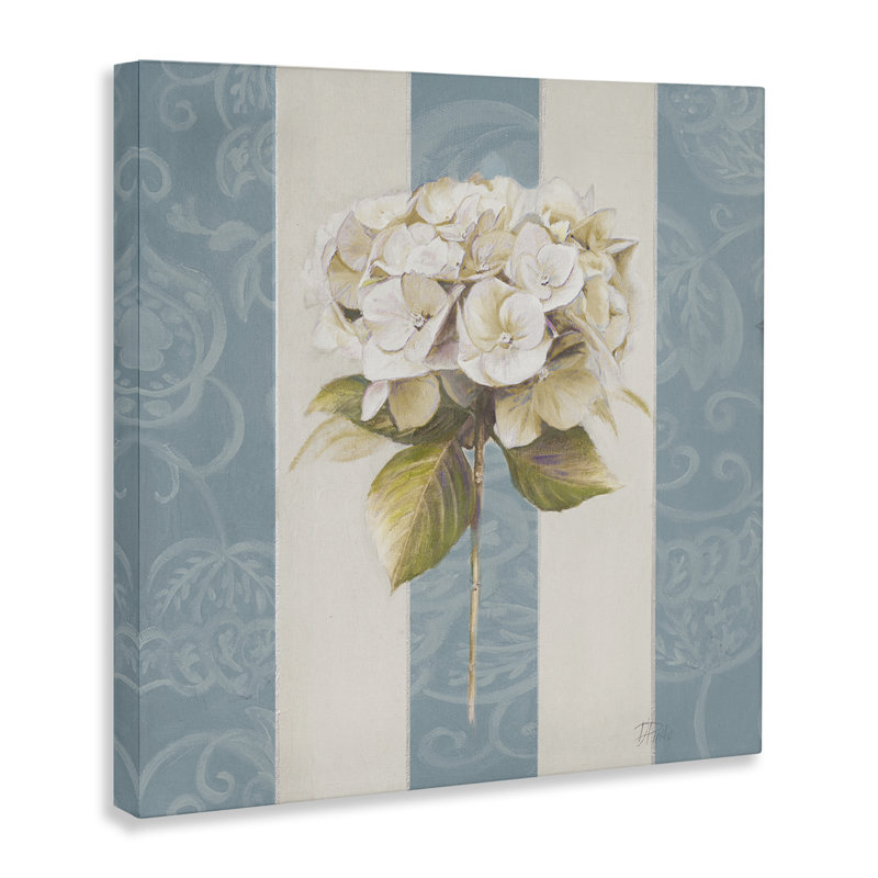 «Hydrangea Sprig on Stripes», art mural sur toile par Patricia Pinto, H 17 po x l 17 po