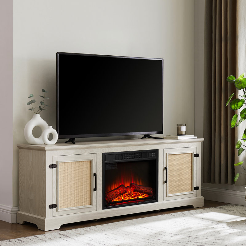 Meuble de rangement avec surface naturelle et foyer pour téléviseurs de 70 pouces, l 65 po x P 15,4 po H 24,26 po, console de divertissement blanche