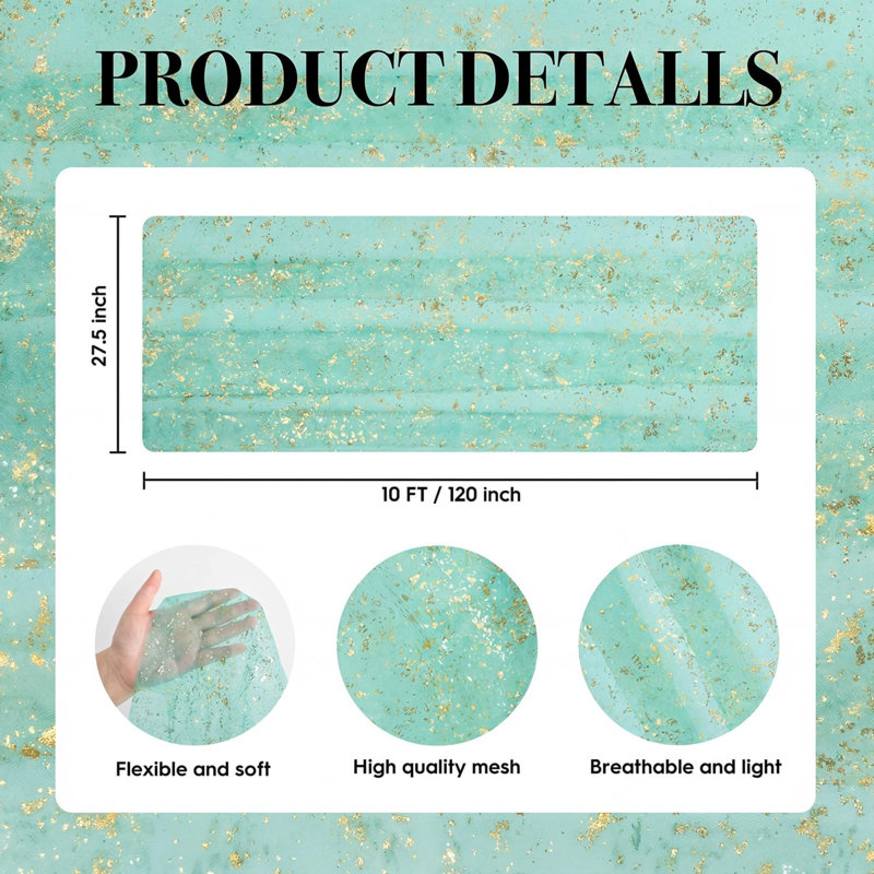 Chemin de table en gaze turquoise et or de 3 m, orné de paillettes métalliques transparentes, idéal pour les repas, les mariages, les anniversaires et les fêtes à la maison. Décoration de table parfaite pour les réceptions à domicile.