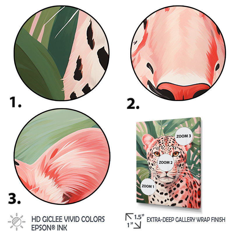Vert et rose léopard, élégance tropicale V - impressions sur toile léopard, H 44 po x l 34 po x P 1,5 po, Cadre simple noir