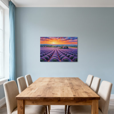 Paysage et nature, champ de lavande, peinture de paysage au coucher du soleil