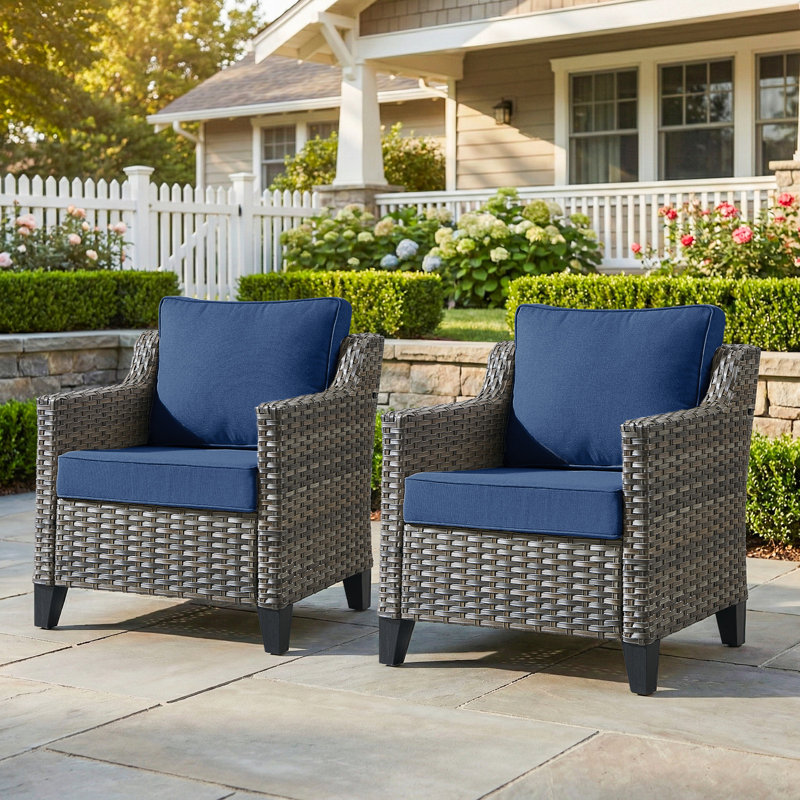 Wicker Outdoor Lounge Chair, All-Weather Wicker Armchair With 4 Inch Cushions For Patio Or Backyard Porch (2-Pack), Blue