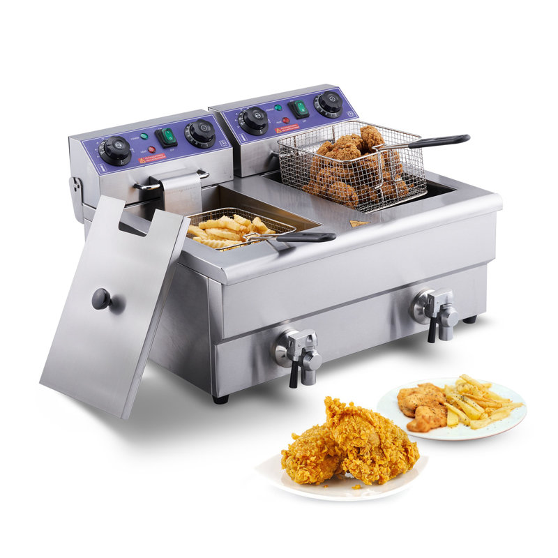 3000W Commercial Electric Deep Fryer with Dual Tanks, Stainless Steel Countertop French Fryer for Restaurant & Home Use