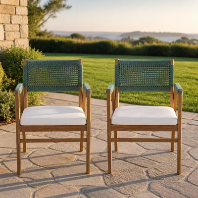 Set of 2 Outdoor Dining Chairs with Arms, Durable Weather-Resistant Frame with Handwoven Structural Details and Thick Comfortable Cushioned Seating