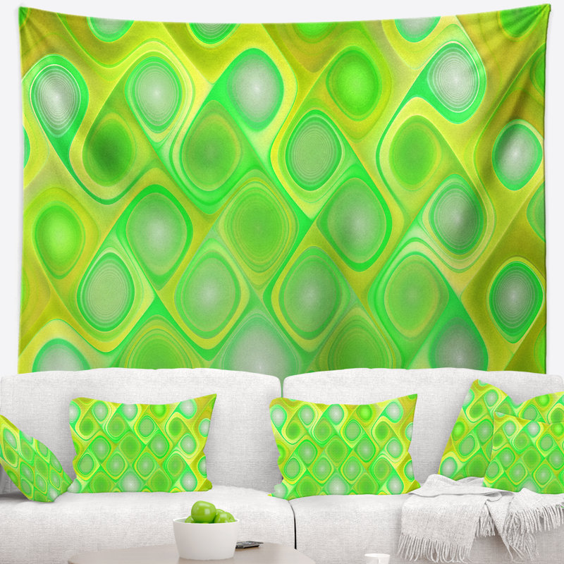 Tapisserie abstraite à motif fractal vert avec tourbillons, H 32 po x l 39 po
