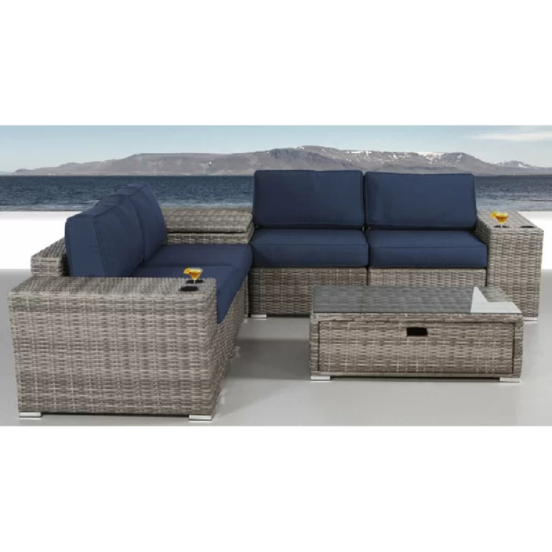 Demarest Wicker Fully Assembled 4 Person Seating Group with Sunbrella Cushions, Sunbrella Canvas