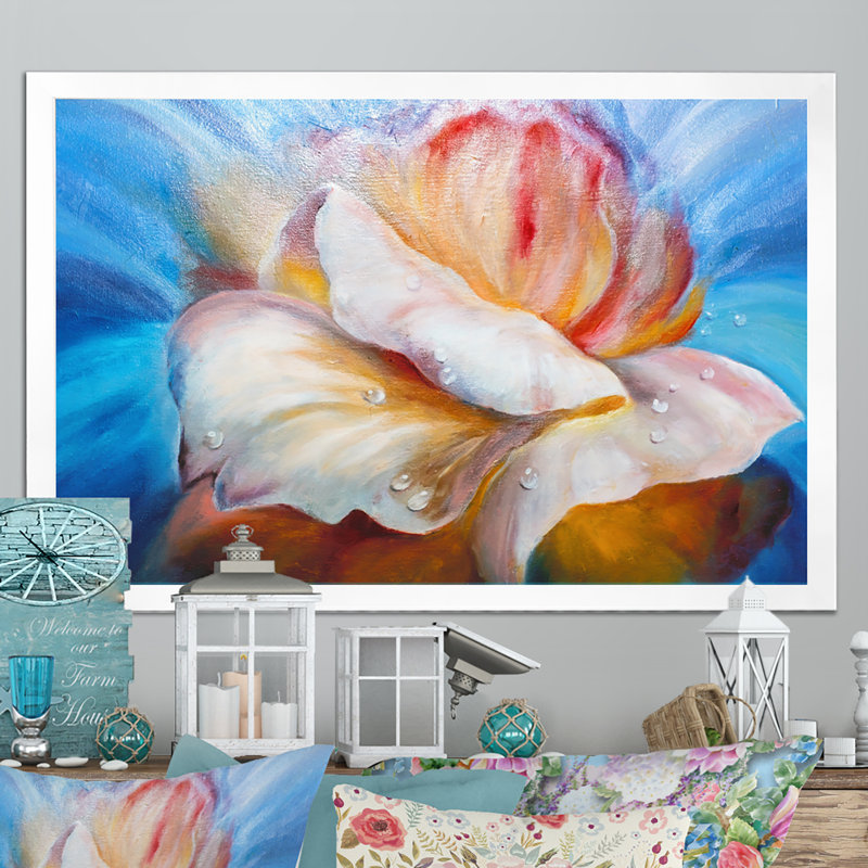 "Creative Waterdrop On Beige Flowers II", reproduction sur toile flottante, H 24 po x l 36 po x P 1 po, Cadre photo blanc