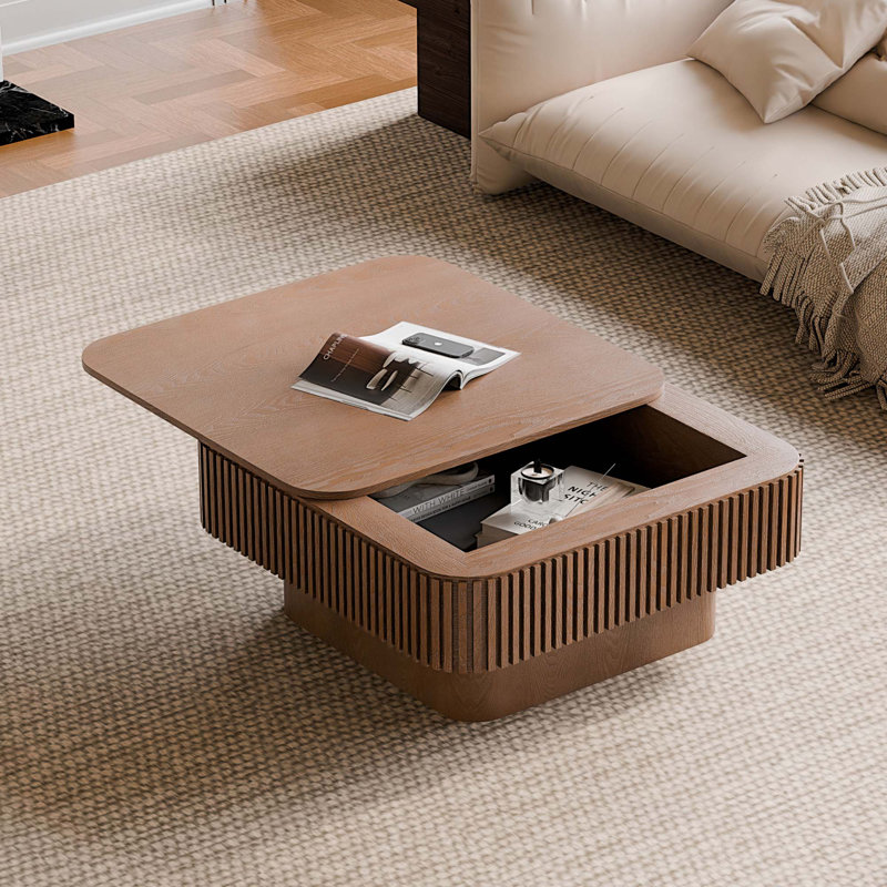 Table basse 31,5 po carrée avec rangement en bois massif plaqué, Noyer
