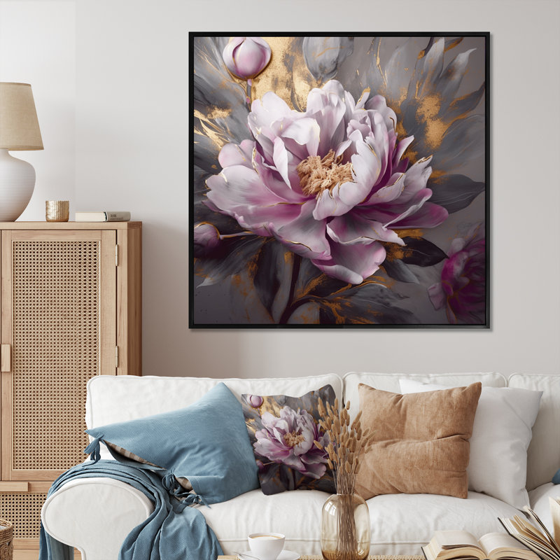 Pivoines roses et grises en fleurs - impression, H 30 po x l 30 po x P 1 po, Cadre photo noir