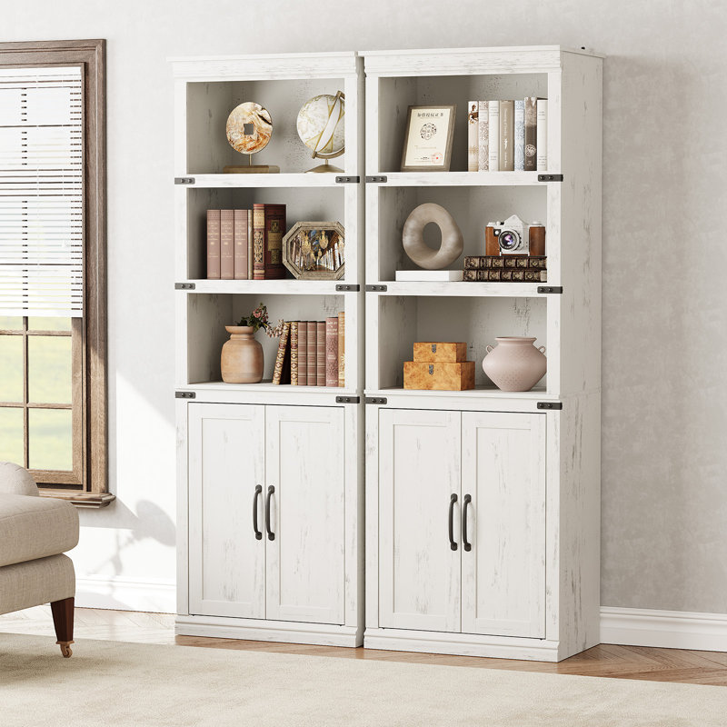 Farmhouse 5-Tier Wooden Bookcase with Cabinet & Doors – Sturdy Entryway Organizer, Open Shelves for Heavy Books, for Home Office, Living Room, Bedroom (Antique White, 24.4" Width)