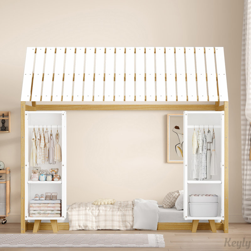 Lit en bois avec garde-robe mobile, Naturel
