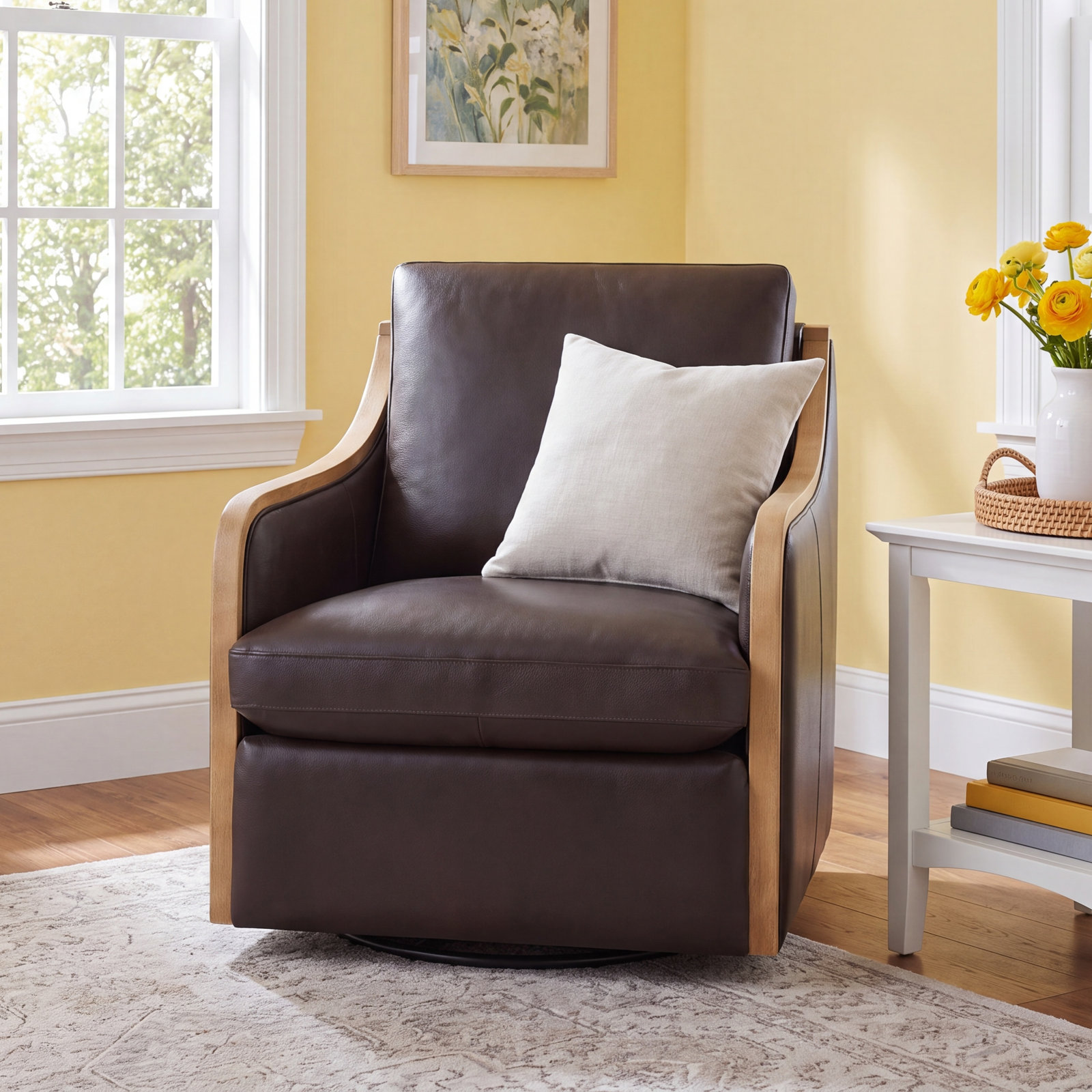 Grayton Genuine Leather Swivel Armchair, Parham Black