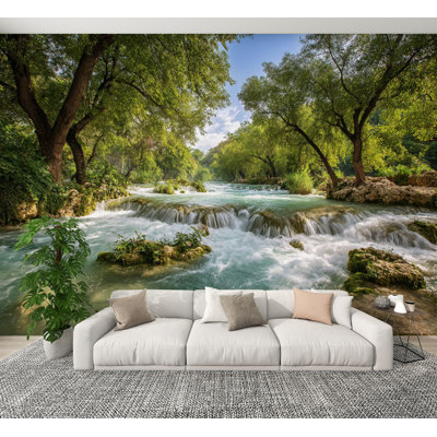 Waterfall Peel and Stick Wallpaper Mountain Water Landscape Beautiful Waterfall River Ancient Tree Wall Murals 100"H x 144"W Removable PVC Wall Paper Self-Adhesive Wall Decor for Bedroom Living Room Home Office