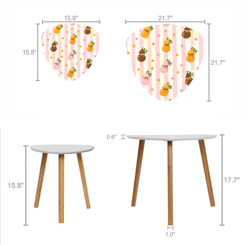 Ensemble de 2 tables basses gigognes triangulaires modernes, décorées de motifs colorés en forme de fruits, de poires, d'étoiles et de rayures, style milieu du siècle. Tables d'appoint empilables, petites tables de chevet pour salon, chambre, appartement et décoration intérieure.