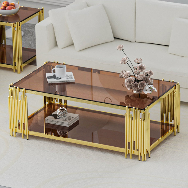 Kyric 43.3" L x 23.6" W 2-Tier Rectangular Glass Top Coffee Table For Living Room