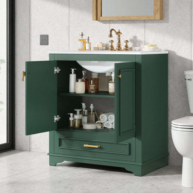 Meuble-lavabo moderne avec lavabo en céramique, portes à fermeture douce et rangement réglable, Vert