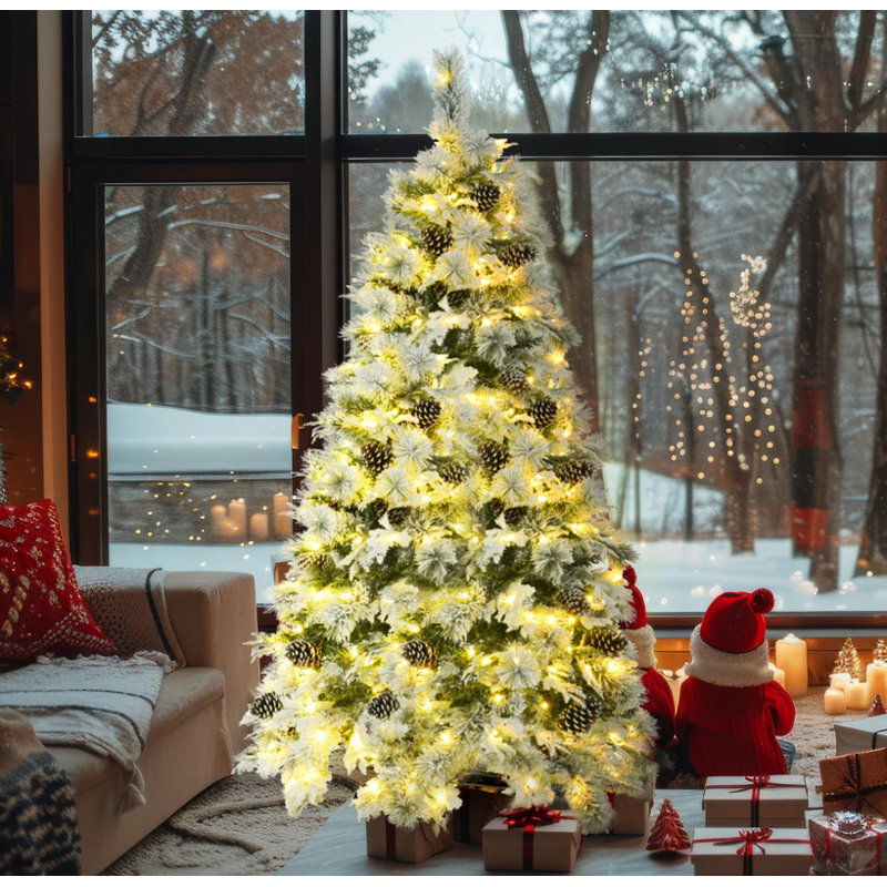 Arbre de Noël artificiel épinette enneigé 6 pi avec branches mixtes en PE et PVC (403 pointes), 250 DEL multicolores (11 modes) et pommes de pin | Décoration des Fêtes