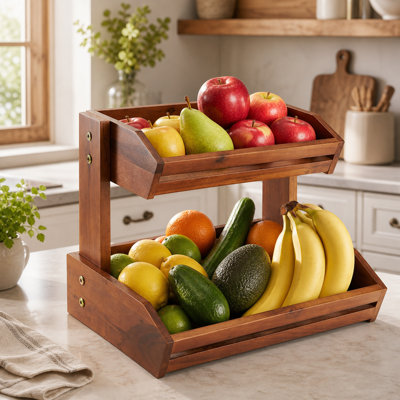 2 Tier Acacia Wood Fruit Basket - Kitchen Counter Organizer for Produce & Storage