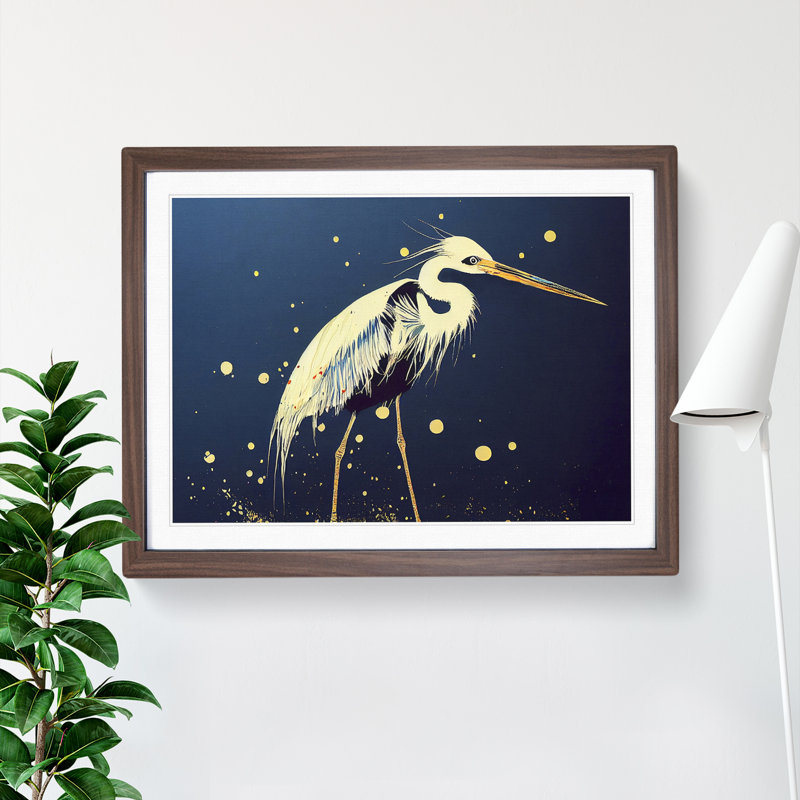 Heron Bird Splatter Vol.1 - Single Picture Frame Print, 25cm H x 34cm W x 2cm D, Walnut