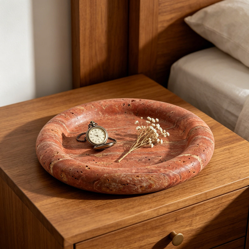 Red Travertine Vanity Tray - 8 Inch Round Natural Stone Organizer For Jewelry, Perfume, Cosmetics, And Home Decor