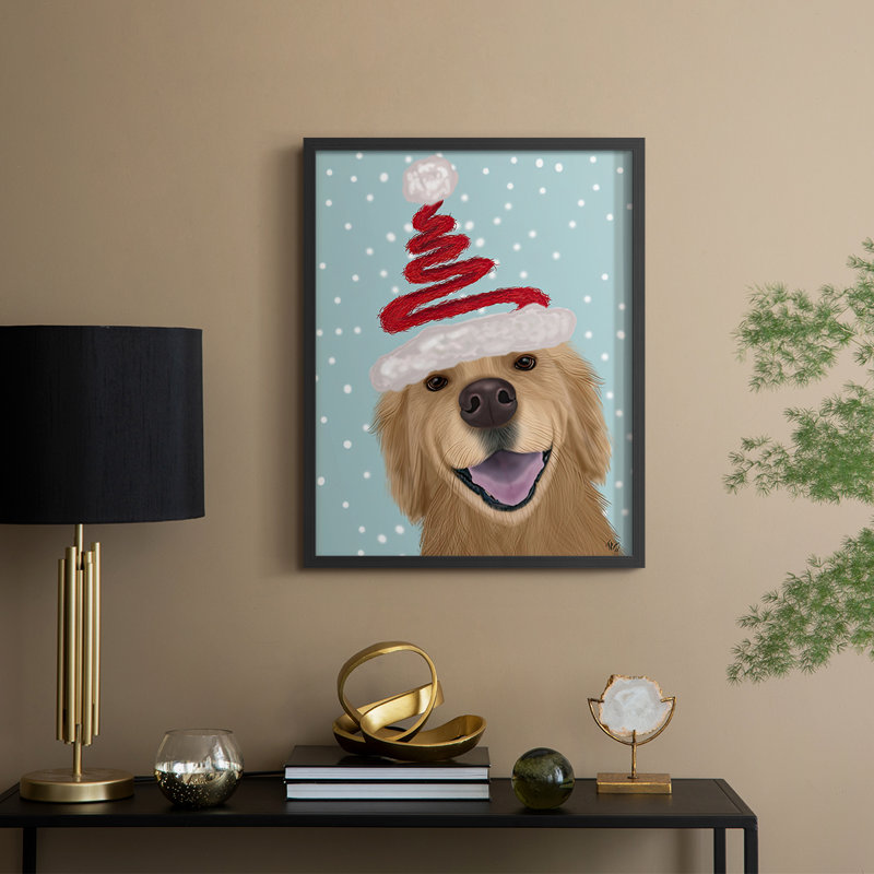 «Christmas Golden Retriever and Spring Santa Hat», reproduction encadrée - bois massif, H 11 po x l 9 po