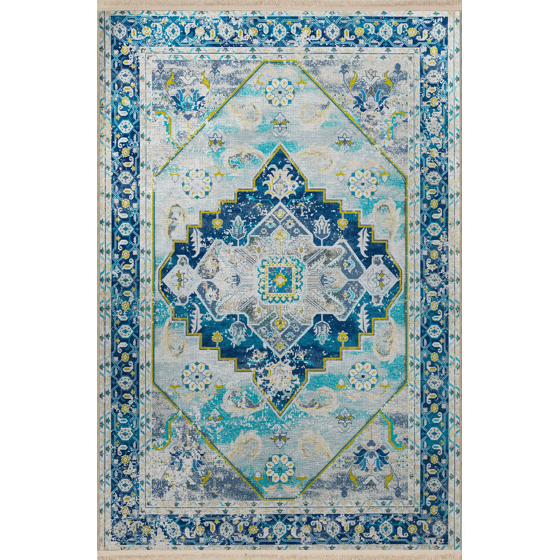 Tapis en polypropylène à imprimé numérique marocain bleu Vittorina, Rectangle 5 pi x 6 pi 7 po