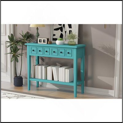Table d'entrée avec 2 tiroirs, console rustique avec tablette ouverte et pieds en bois d'hévéa pour les entrées, les salons et les couloirs (bleu sarcelle)