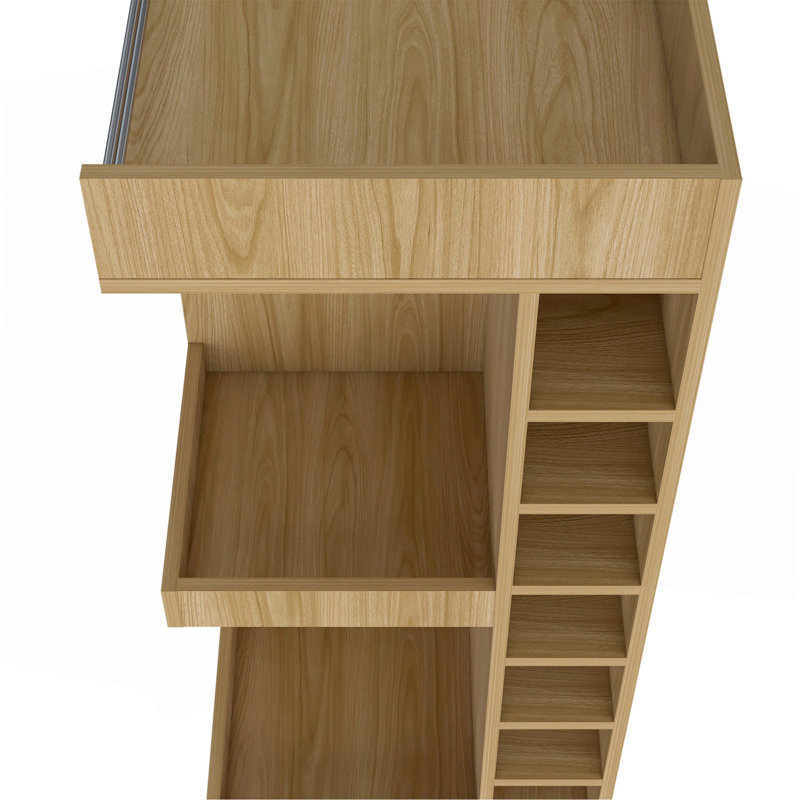 Armoire de bar en chêne naturel avec support à vin et tablette ouverte, Bois naturel