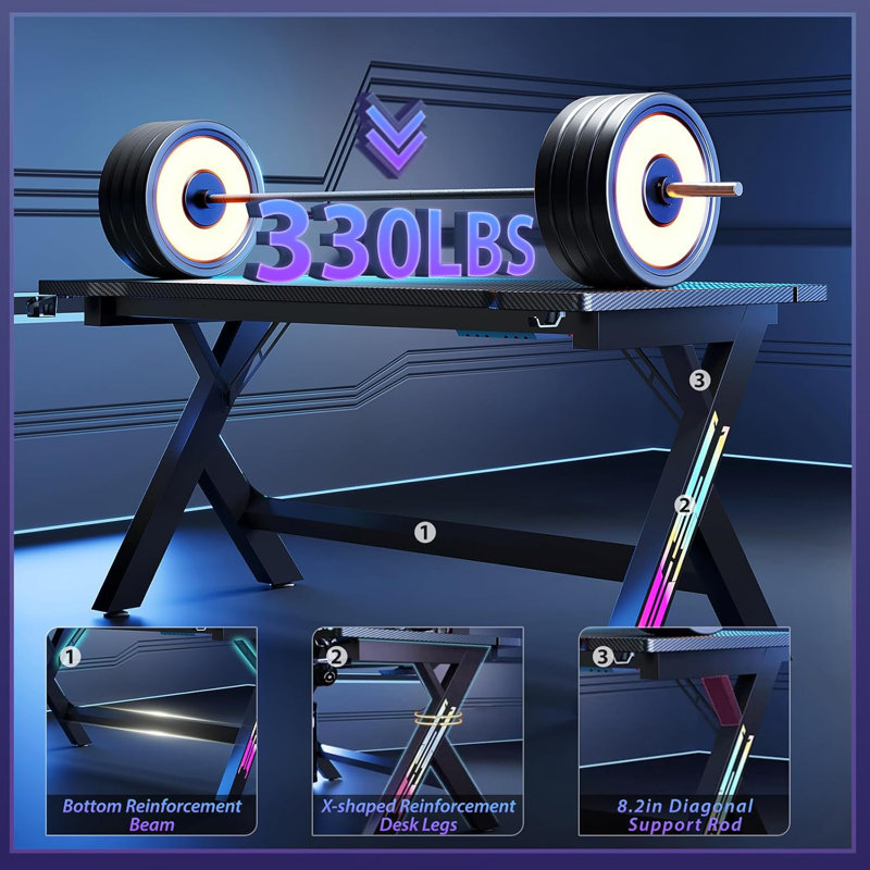 Table d'ordinateur Gaming, H 30 po x l 55 po x P 30 po, Noir