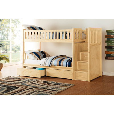 Modern Twin Over Bunk Bed With Step Drawers, Guard Rails, And Natural Pine Appearance Reversible Under Storage, Finish