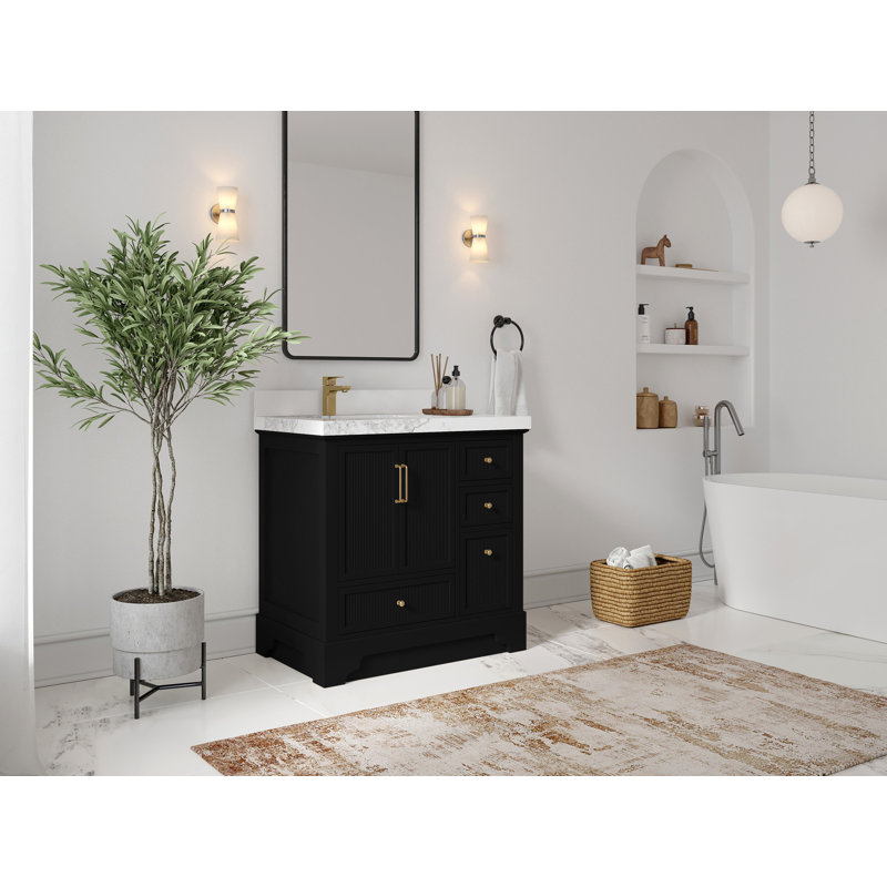 Meuble-lavabo sur pied simple 36 po avec plateau en quartz Alys, Calacatta Laza