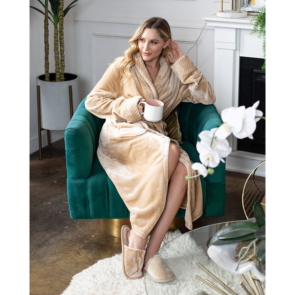 LOTUS LINEN Soft Plush Robes Luxury Fluffy Robe Long Fleece Spa Bathrobes Lotus Linen Color: Beige Size: XL/XXL