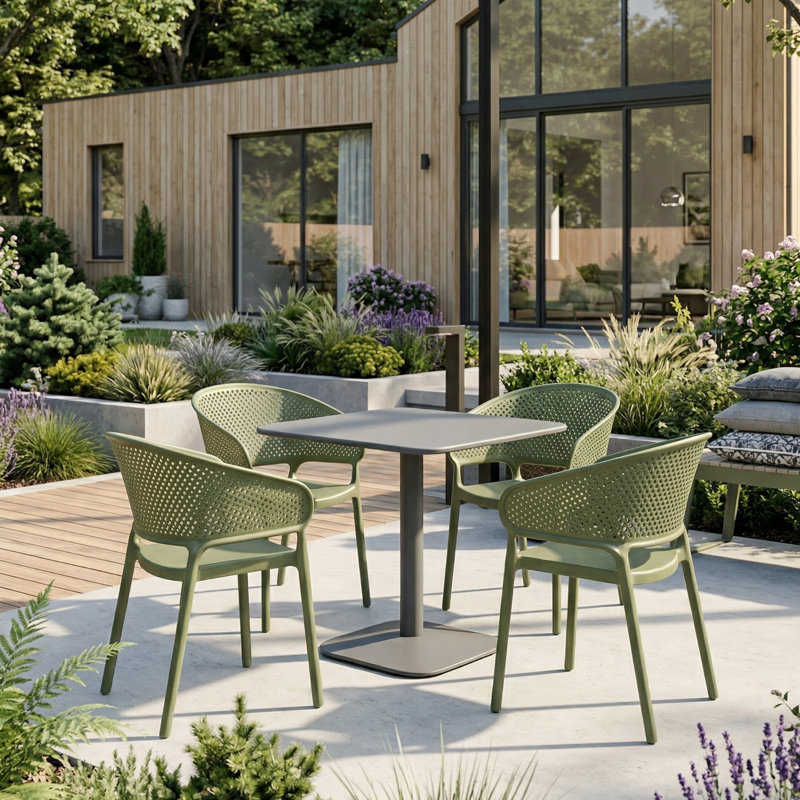 ALBIN 80 Square Table Nickel Grey with 4 PETRA Chair Avocado Set