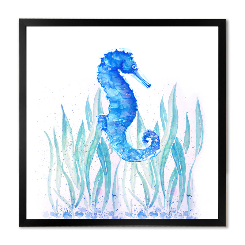 Hippocampe bleu - art mural sur toile traditionnel, H 16 po x l 16 po x P 1 po, Cadre noir
