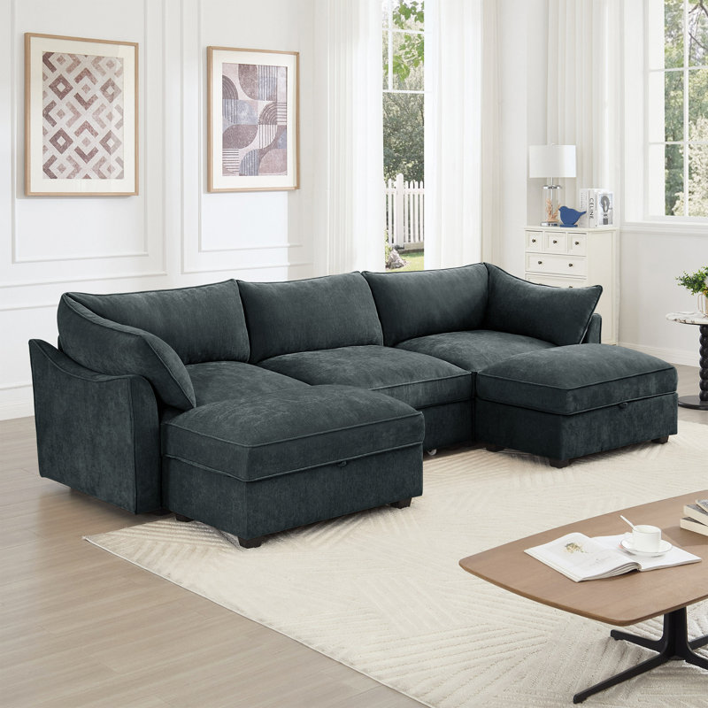 Canapé à assise profonde avec repose-pieds, canapé avec repose-pieds mobile, canapé modulaire surdimensionné avec tiroir de rangement sous chaque siège