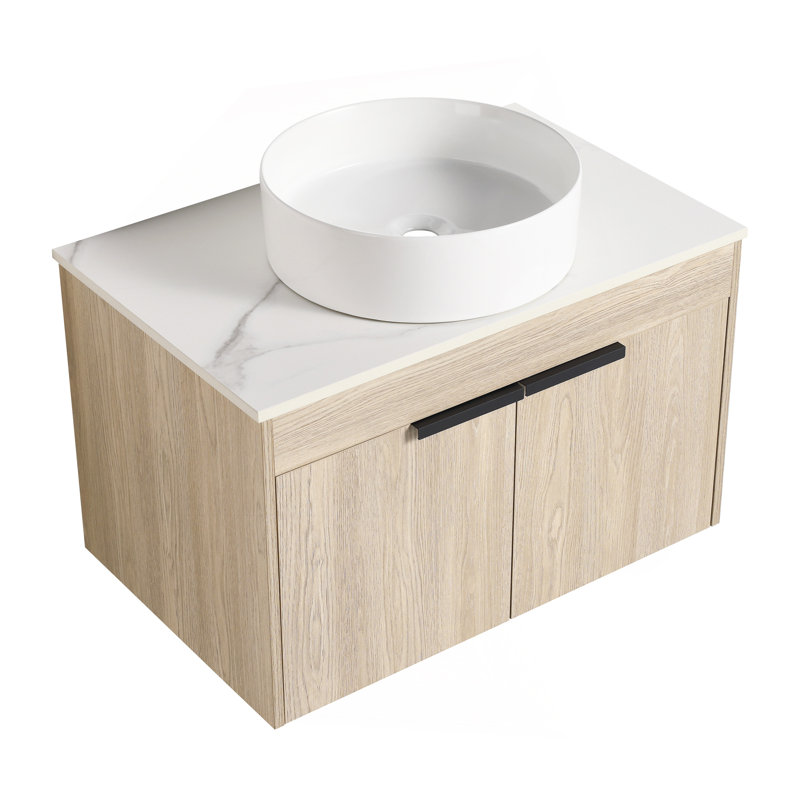 Ensemble de meuble-lavabo moderne 30 po avec lavabo en céramique, meuble-lavabo mural en chêne blanc avec porte à fermeture en douceur