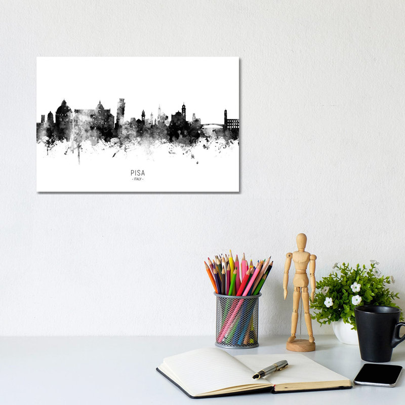 Pisa Italy Skyline Name In Black And White by Michael Tompsett - Wrapped Canvas Gallery-Wrapped Canvas Giclée