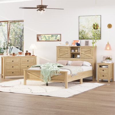 Farmhouse Full 3-Piece Bedroom Set with Sliding Door Storage Headboard, Charging Station, Nightstand & Dresser in Natural by Ophelia & Co.